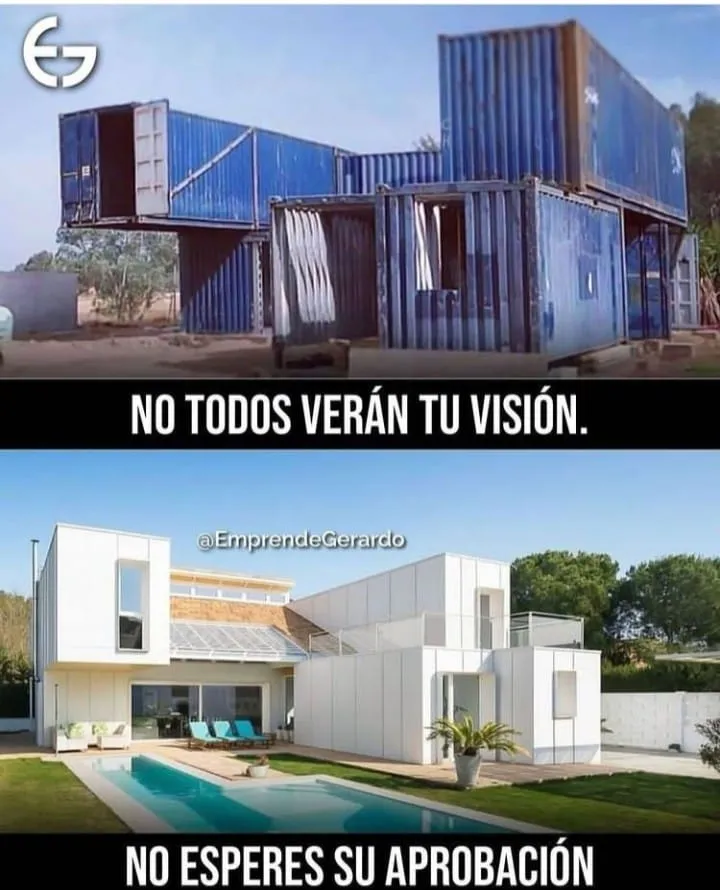 En la primera imagen se ven unos contenedores apilados, y en la segunda imagen se ve una casa moderna y bonita.